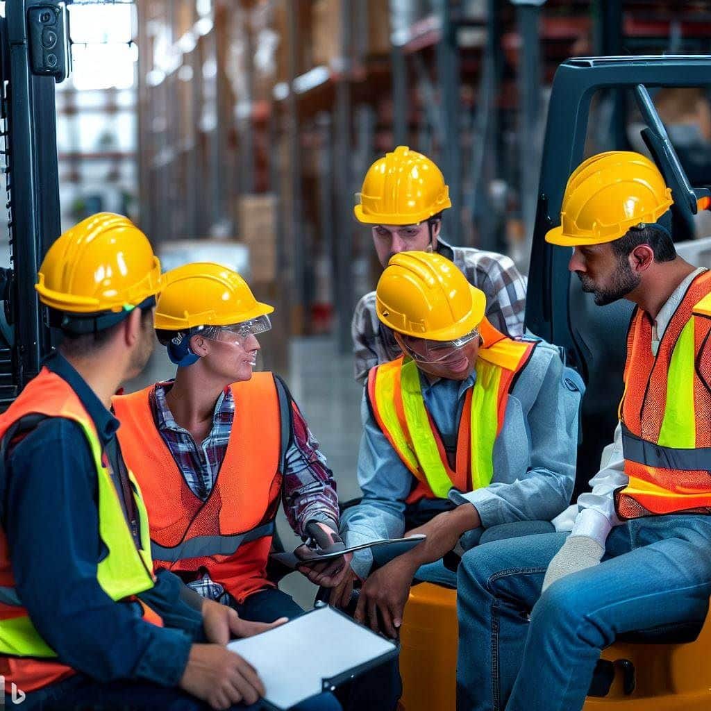 Create an image that portrays a collaborative and safety-conscious work environment. Show a diverse group of forklift operators wearing PPE, engaging in safety training or a safety meeting. The image should convey teamwork, communication, and a positive safety culture. Including visual cues like safety posters, equipment inspections, and clear signage will emphasize the importance of PPE and overall safety awareness in the workplace.