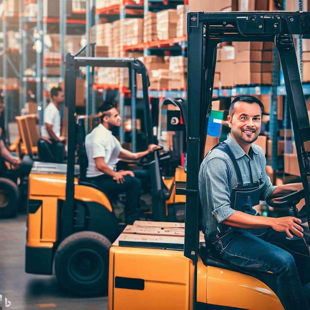 An image featuring a diverse group of forklift operators working in a bustling warehouse or distribution center. The image should convey a sense of professionalism and teamwork, with operators efficiently moving pallets and goods. This image highlights the employment opportunities that come with obtaining a forklift license and certification.