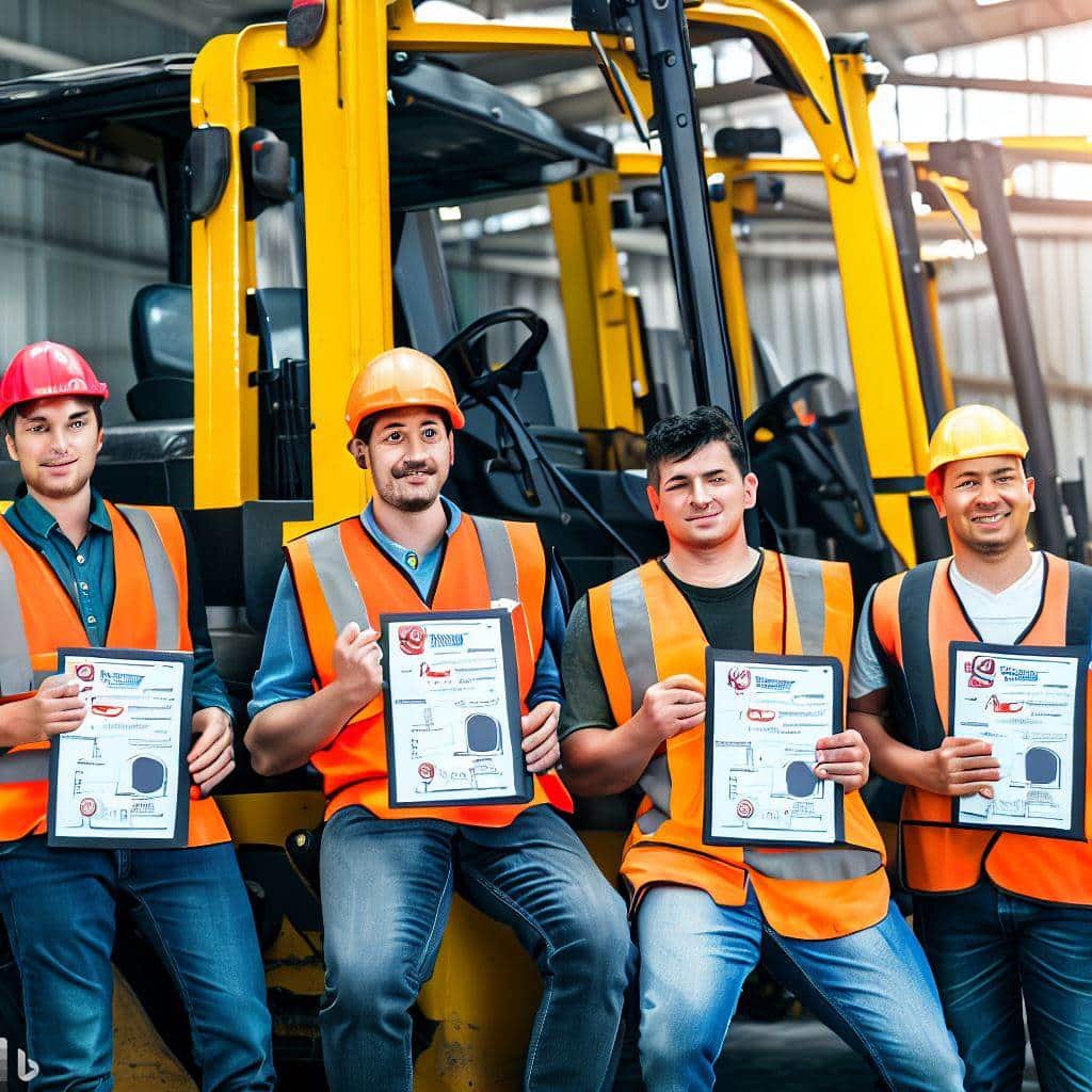 An image showcasing a group of forklift operators proudly holding their forklift licenses and certifications. They should be standing in front of a forklift or a warehouse backdrop, wearing uniforms or work attire. This image aims to inspire trust and confidence by highlighting the expertise and qualifications of certified forklift operators.