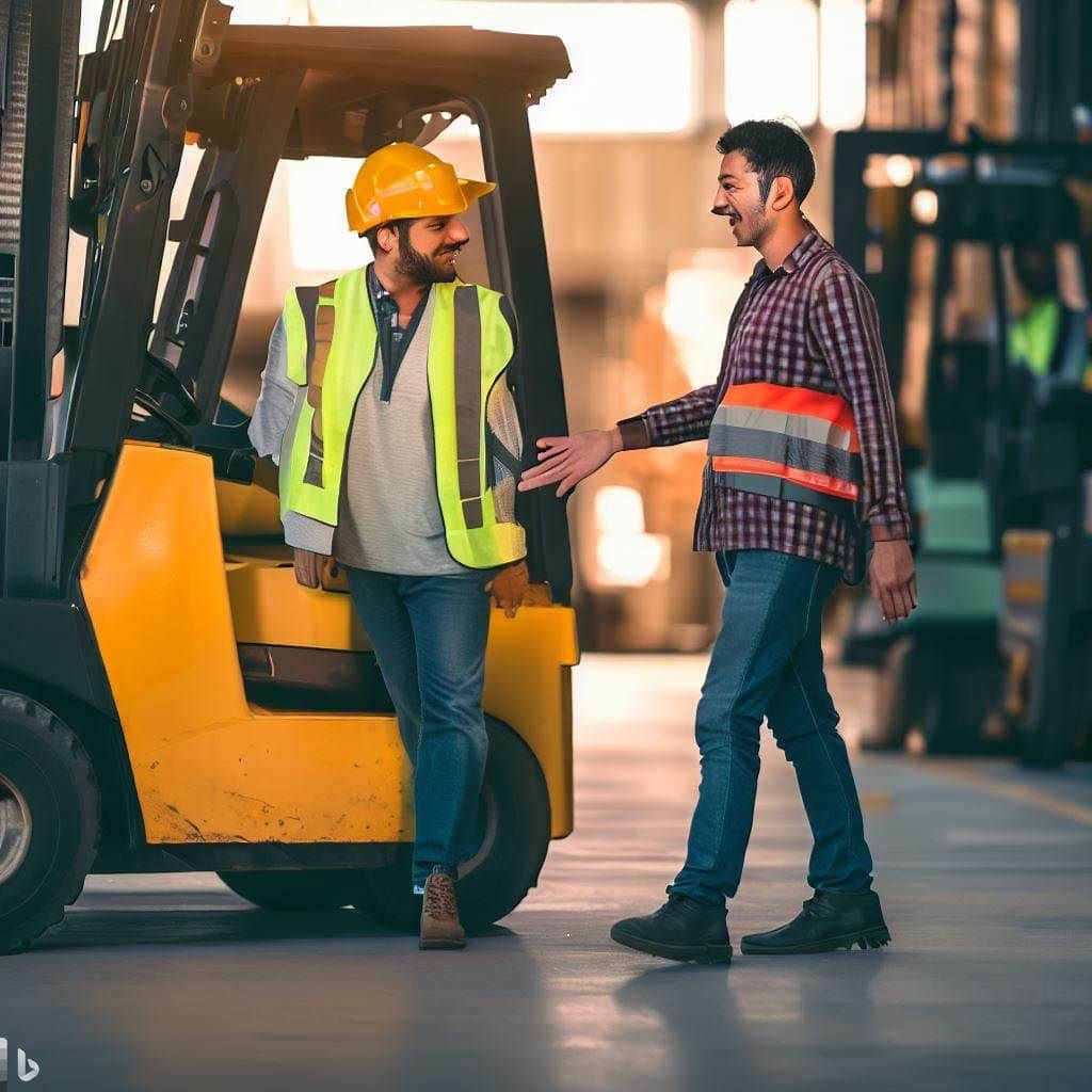 Feature an image that highlights effective communication between a forklift operator and a pedestrian. Show a forklift operator using hand signals or a radio to communicate with a pedestrian, indicating the importance of clear and consistent communication to ensure pedestrian safety in forklift zones. The image should capture the attention and convey the message that communication is key to preventing accidents.