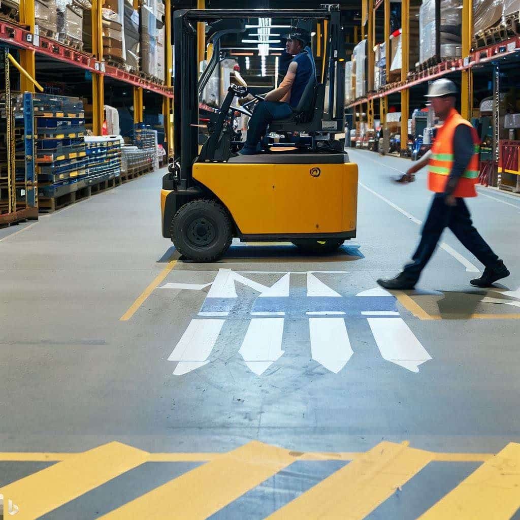 The hero image shows a forklift operator driving a forklift along a designated route, with pedestrians safely walking in a separate, clearly marked pedestrian walkway nearby. The image highlights the importance of establishing clear traffic rules and procedures. It emphasizes the concept of a well-organized workspace, with proper separation between forklift traffic and pedestrian areas, promoting pedestrian safety and minimizing the risk of accidents.