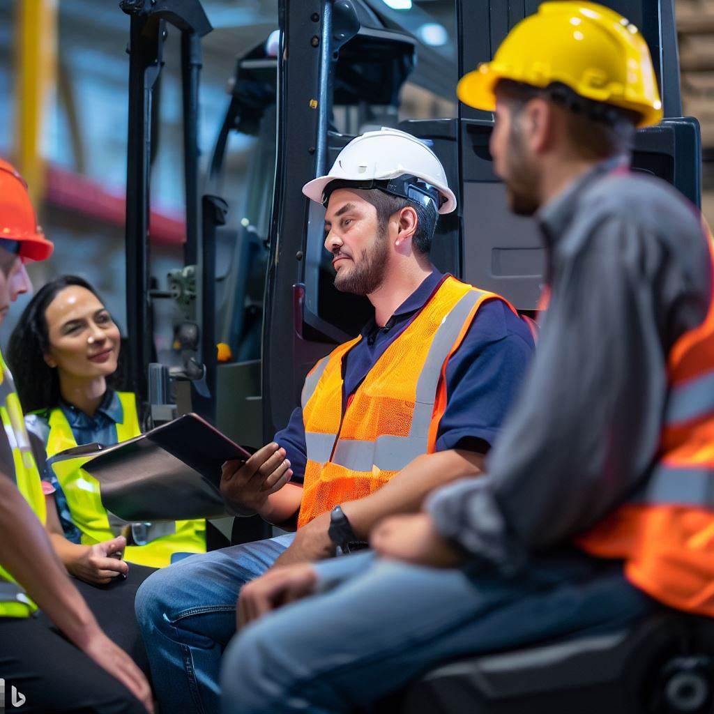 Depict a diverse group of employees, including forklift operators and other staff members, engaging in a safety meeting or training session. The image should showcase collaboration, active participation, and a positive work environment. The banner text should highlight the significance of creating a culture of forklift safety in the workplace.