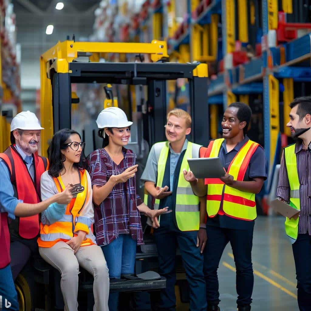 Depict a diverse group of employees, including forklift operators, warehouse staff, and management, gathered together in a workplace environment. The image should showcase employees communicating, wearing appropriate safety gear, and displaying a positive attitude towards safety. It should evoke a sense of collaboration, teamwork, and a shared commitment to creating a safety-conscious workplace culture. This image emphasizes the role of management and employee involvement in preventing forklift tip-overs.