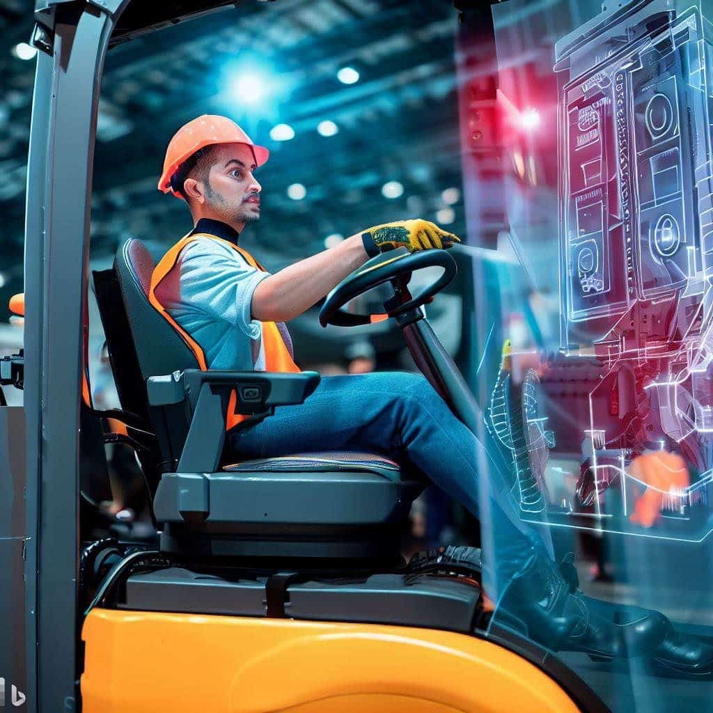 Create an eye-catching hero image that showcases cutting-edge safety technologies for forklifts. This could include a futuristic forklift equipped with advanced features like automated controls, sensors, and cameras. The image should convey a sense of innovation and progress, indicating that the page content will explore the latest technologies and trends in forklift safety.
