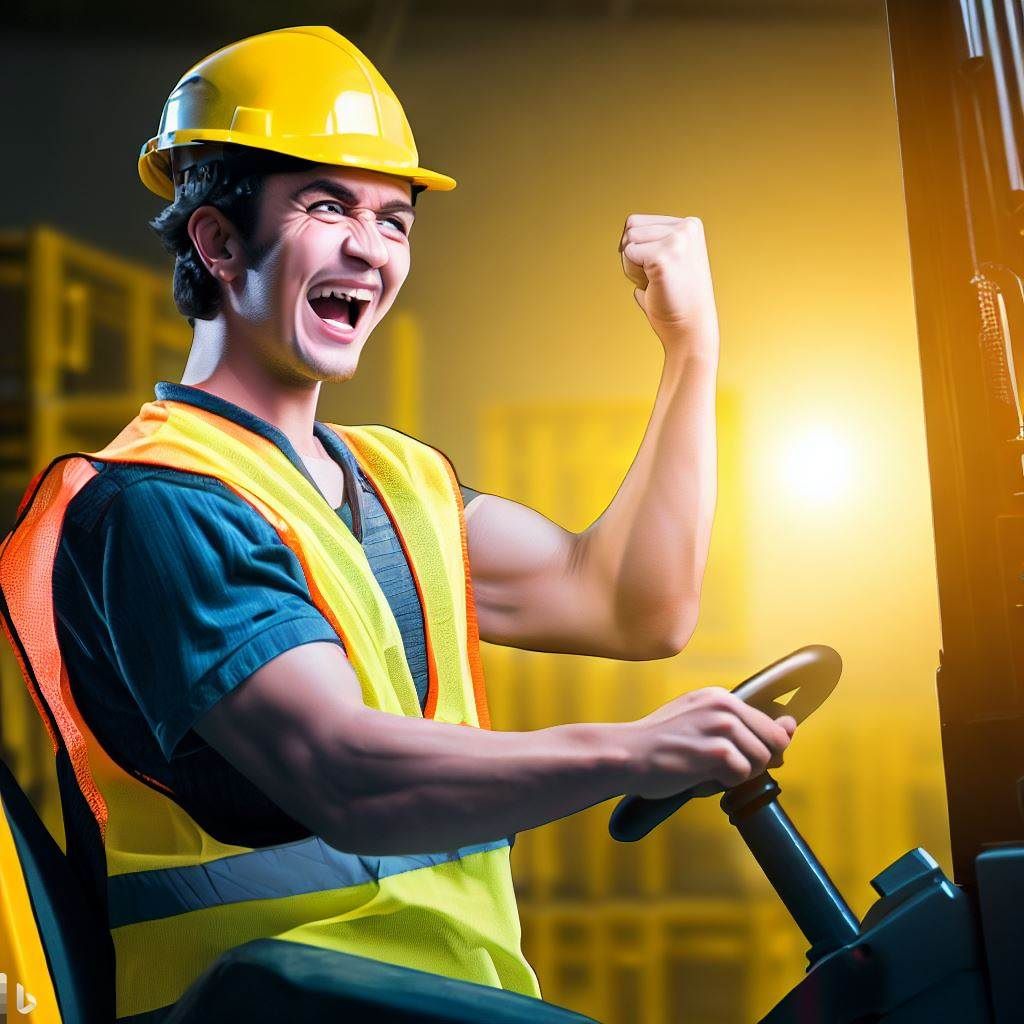 Design an image that showcases a forklift operator confidently maneuvering a forklift, surrounded by symbols of success and growth. This image emphasizes the advantages of temporary, contract, and seasonal forklift jobs, such as skill development, networking, and potential long-term employment. It conveys a sense of empowerment and career progression for individuals pursuing these opportunities.