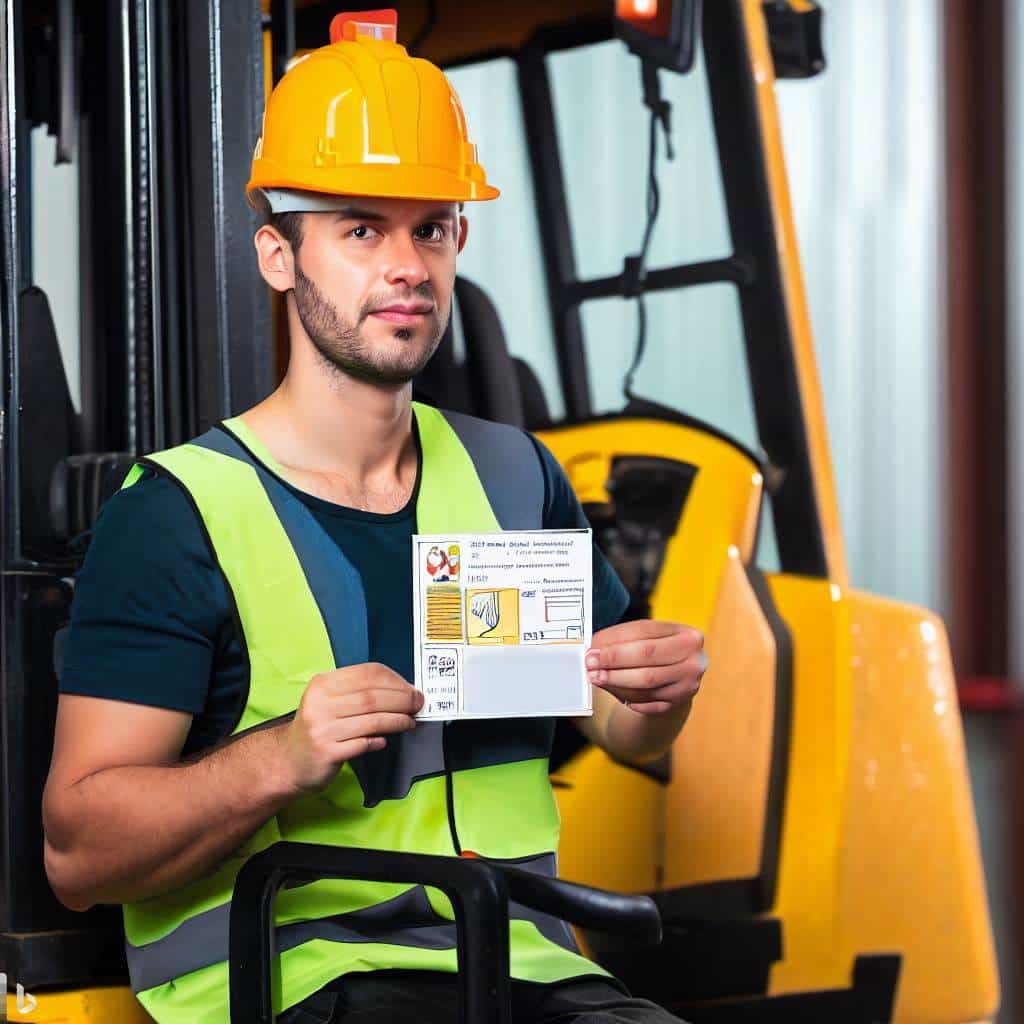 Feature an image of a forklift operator undergoing training or holding a certification card. This emphasizes the importance of proper training and certification for forklift operators and promotes professionalism in the material handling industry.