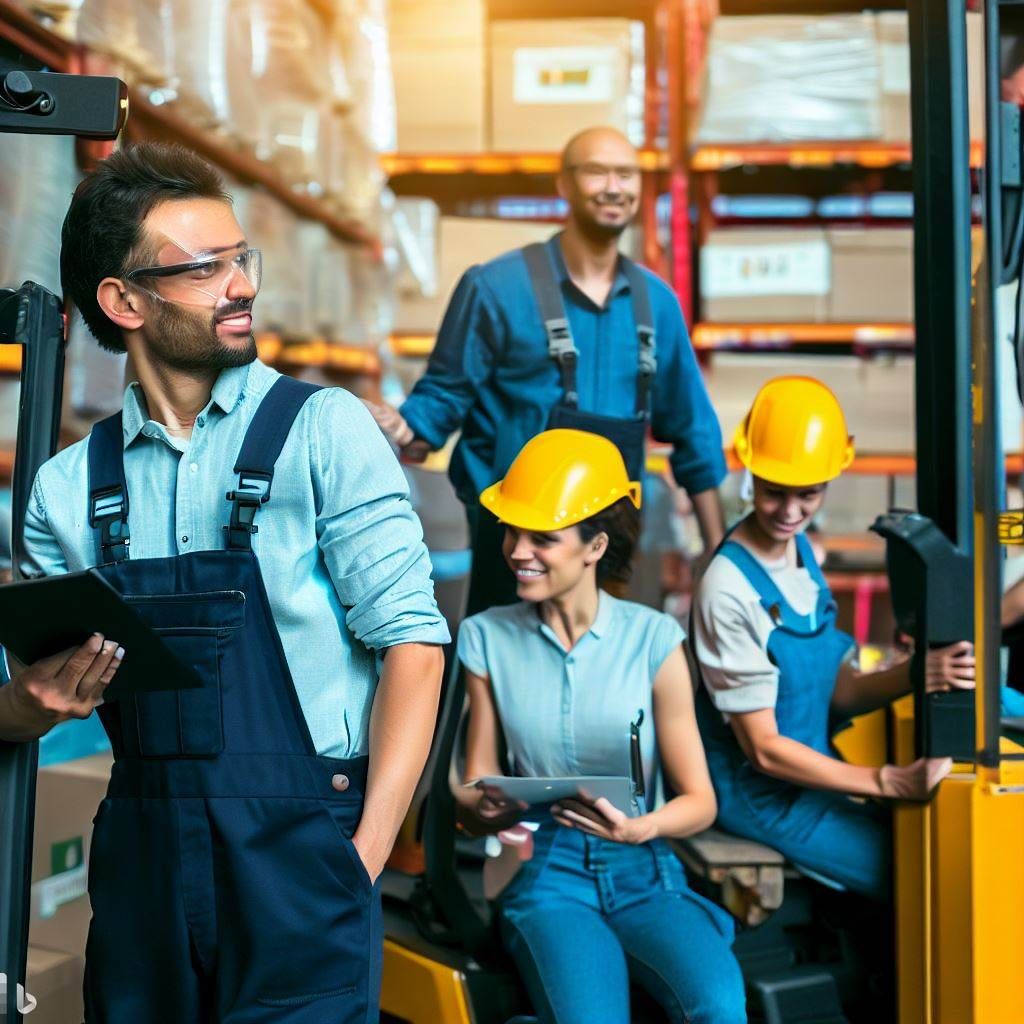 Show a diverse group of employees working together in a warehouse or industrial setting, with a forklift operator as one of the key members. The image should depict teamwork, collaboration, and a positive work environment. This portrays the importance of forklift operators as integral team players in industrial operations.