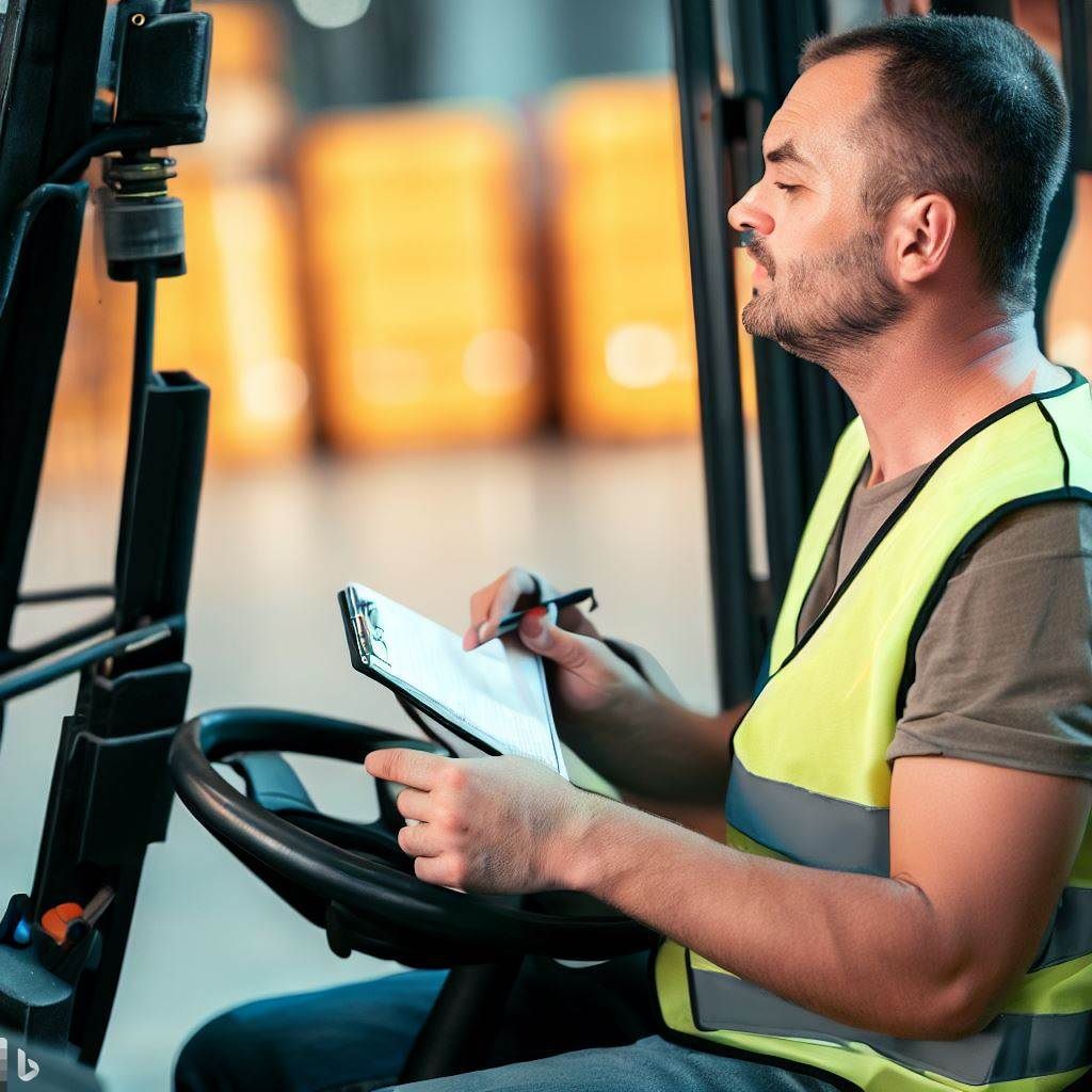 Show an image of a forklift operator participating in a recertification training session. The image can depict the operator attentively listening to an instructor, with a mix of theoretical and practical components visible in the background. This image conveys the process of recertification and highlights the importance of continuous learning and skill development for forklift operators.