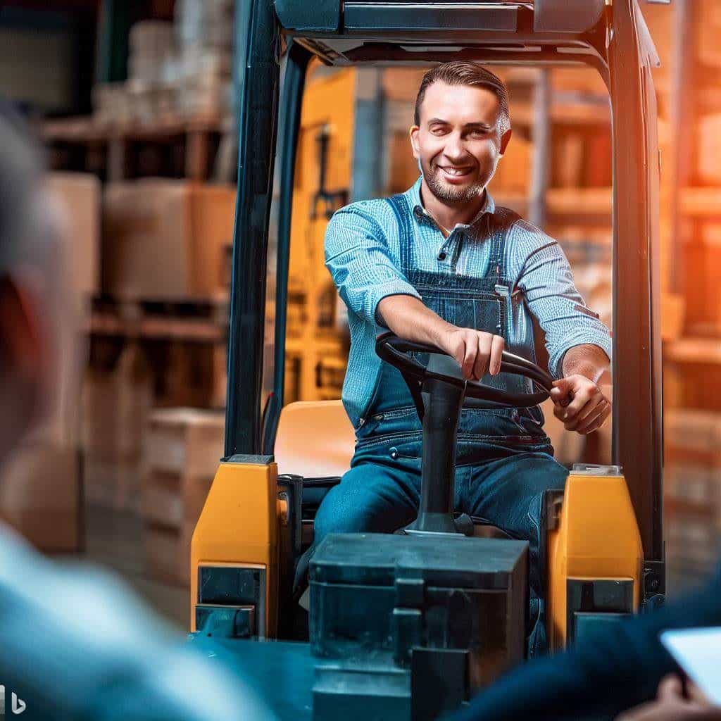 Create an image that represents the journey and progression in a forklift career. Begin with a forklift operator in a learning environment, such as a training facility or classroom, symbolizing the starting point. Gradually transition the image to depict the operator in various work settings, such as a warehouse, manufacturing facility, or transportation yard, showing their advancement and growth. This image emphasizes the potential for a fulfilling career path in the forklift industry.