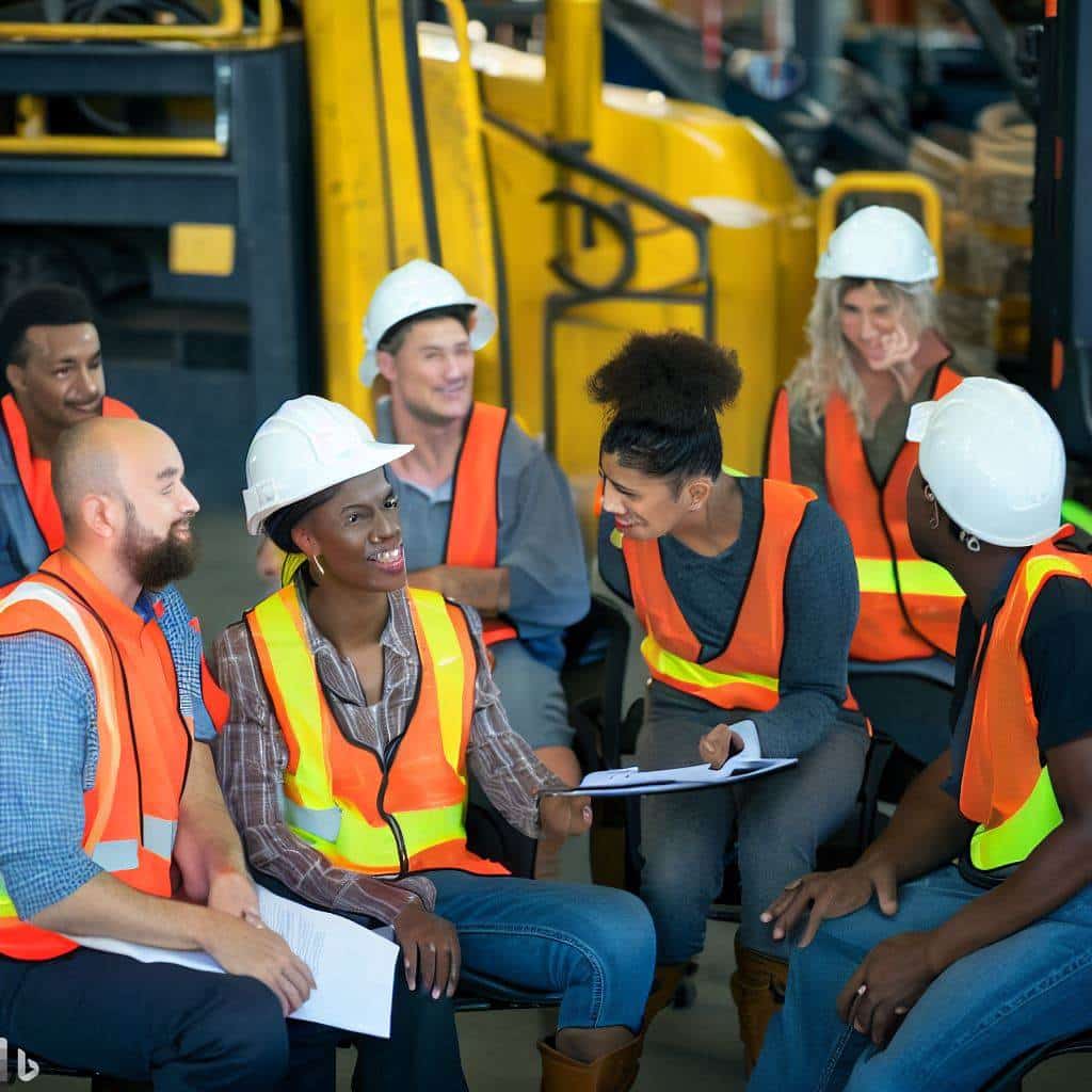 The hero image depicts a diverse group of employees, including forklift operators, supervisors, and safety professionals, engaged in a collaborative training session. They are gathered around a forklift, discussing safety procedures, and actively participating in a training exercise. The image highlights the importance of teamwork, communication, and ongoing training in preventing forklift accidents. It conveys a sense of a proactive and safety-conscious work environment.