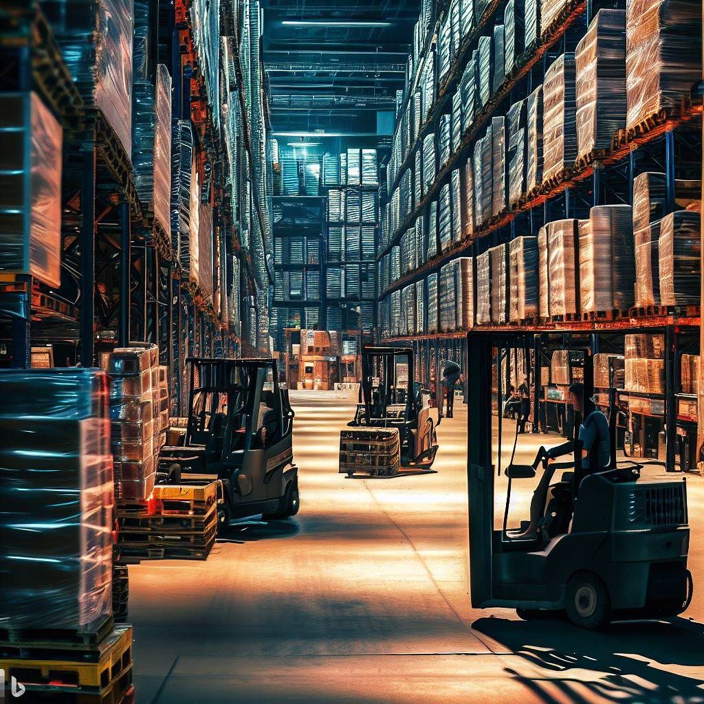 The hero image showcases a bustling warehouse scene with forklifts operating efficiently amidst stacks of inventory. The image illustrates a well-organized layout, marked safety zones, and forklift operators wearing appropriate safety gear. Additionally, it includes visual elements such as safety signs, hazard symbols, and safety accessories like warning lights and mirrors. This image emphasizes the role of a robust forklift safety program in maintaining productivity while safeguarding employees and assets.