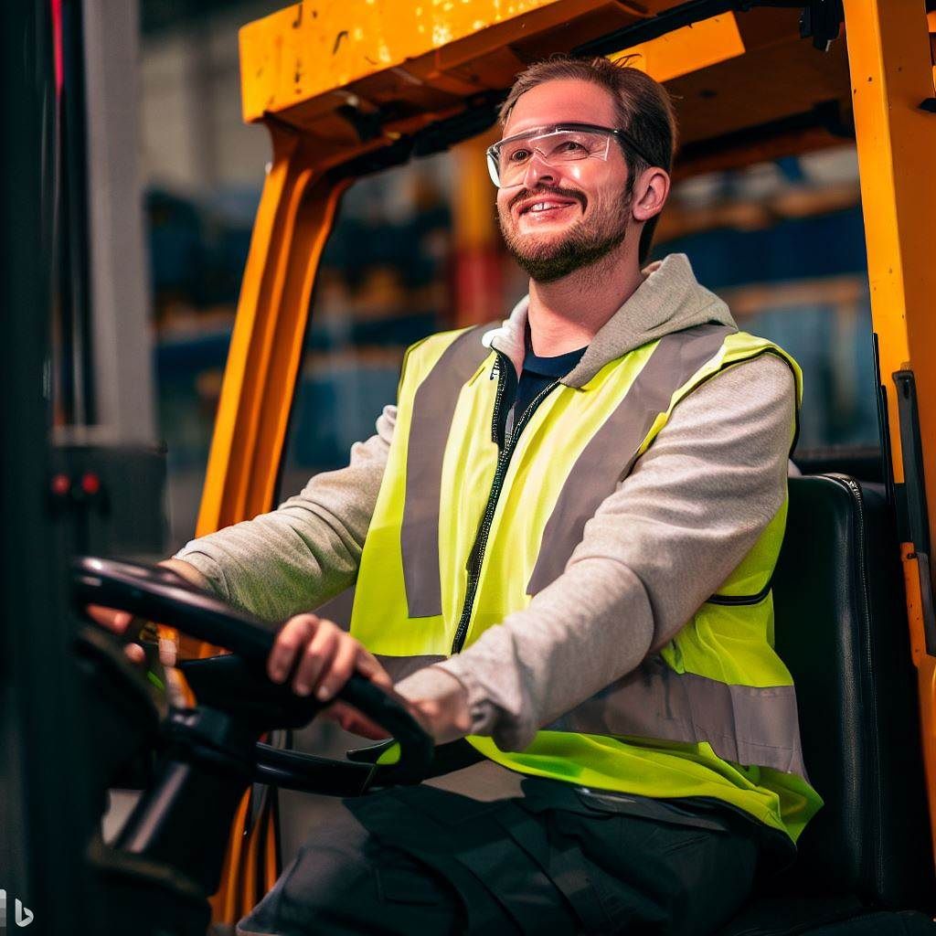 Use an image that portrays a successful and confident forklift operator in an actual work environment, demonstrating efficient material handling and safe operations. Highlight the productivity and reduced accidents achieved through effective simulator-based training.