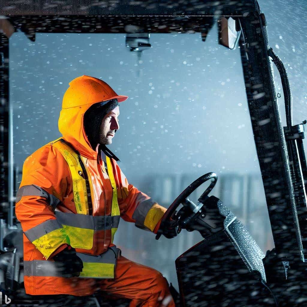 The hero image displays a forklift operator prioritizing safety by taking necessary precautions in extreme weather conditions. The operator is seen securing a load with caution, utilizing proper hand signals, and operating the forklift at a reduced speed. The background illustrates heavy rain and wind, highlighting the challenges faced by operators. This image conveys the message that safety should always come first, regardless of the weather conditions.