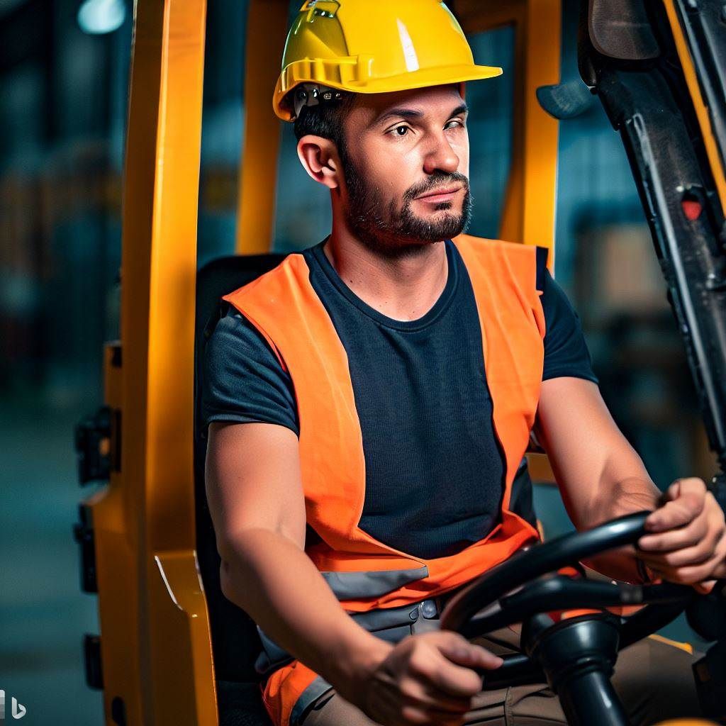 Create an image that portrays a forklift operator adhering to safety guidelines and regulations. Show the operator following proper protocols, such as maintaining a safe distance from pedestrians, operating the forklift at a controlled speed, and correctly securing loads. This image communicates the importance of compliance with safety standards and emphasizes responsible forklift operation.