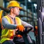 Show an image of a forklift operator wearing appropriate safety gear, such as a helmet and high-visibility vest, operating a forklift in a specialized industry setting. The image should convey professionalism, competence, and focus on safety. It can include elements specific to the industry, such as labeled containers or specialized equipment.