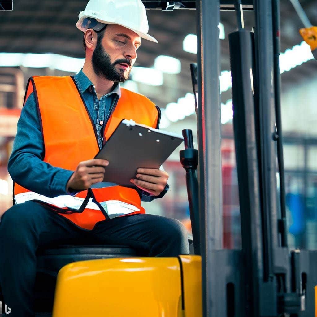 Highlight the importance of safety and professionalism in forklift operations. Feature a forklift operator wearing appropriate safety gear, such as a hard hat and reflective vest, demonstrating adherence to safety protocols. Include visually appealing elements, such as safety signs or caution tape, to reinforce the message of safety.