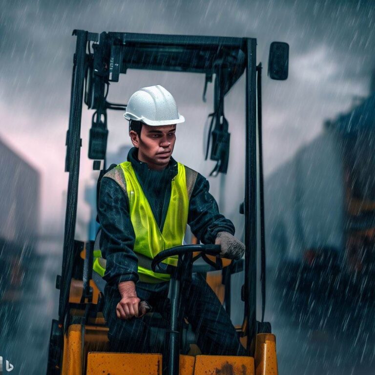 The hero image showcases a forklift operator wearing appropriate safety gear (such as a high-visibility vest, hard hat, and safety goggles) operating a forklift in extreme weather conditions. The background depicts heavy rain, snow, and high winds to emphasize the challenges faced by operators. The image conveys the importance of forklift safety in all weather elements and the need for operators to be prepared and vigilant.