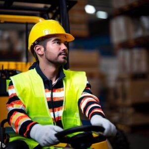For this hero image, a powerful visual can be created by featuring a forklift operator wearing complete safety gear, including a hard hat, high-visibility vest, and safety goggles. The operator should be shown in a focused and confident posture, demonstrating the importance of safety in forklift operations. In the background, a warehouse or industrial setting can be depicted to provide context. This image conveys the message that safety should be the top priority in preventing forklift accidents.
