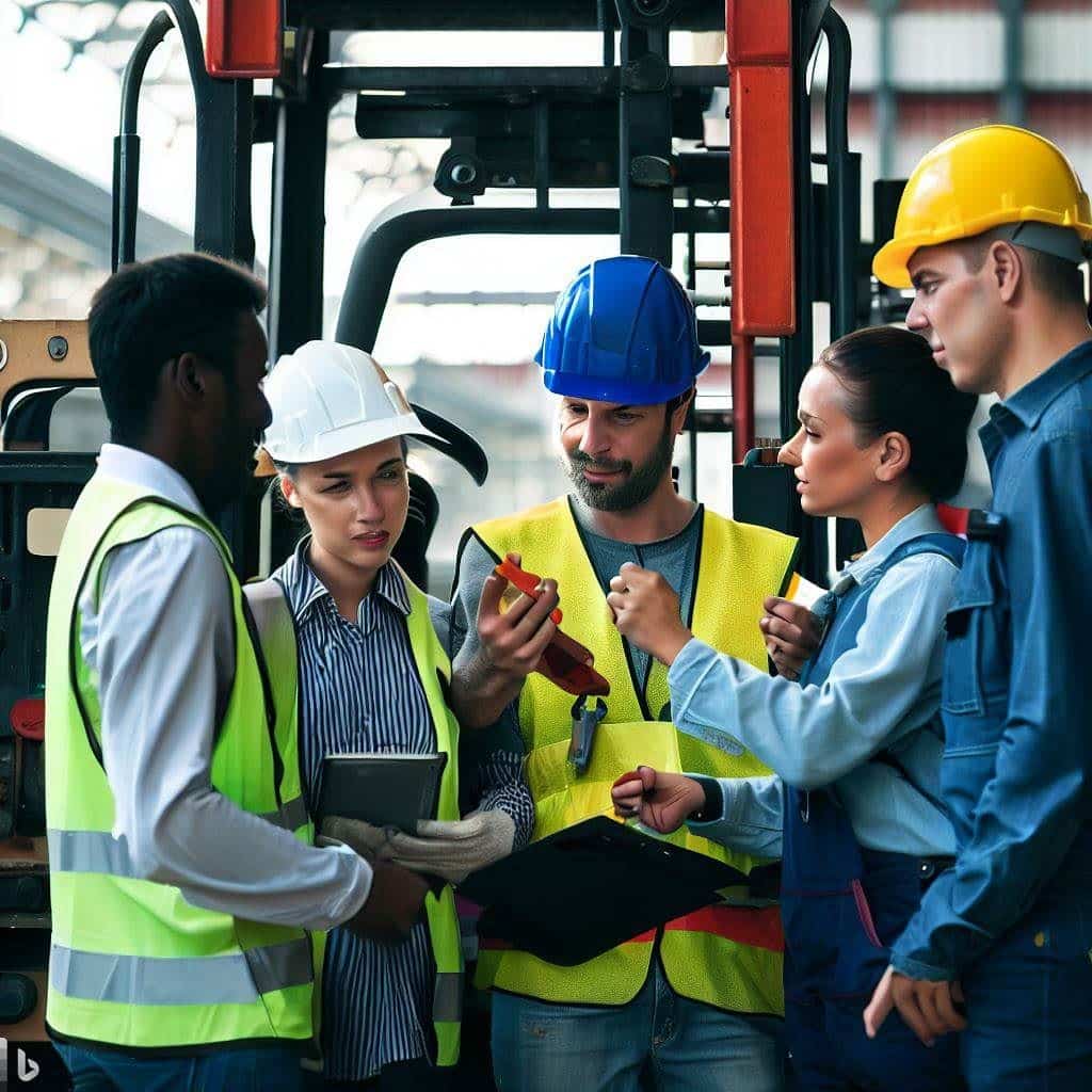 Create a visually engaging hero image that portrays a diverse group of workers from different industries (construction, warehousing, manufacturing) coming together to inspect a forklift. The image should showcase teamwork, communication, and collaboration. It can feature individuals wearing different types of safety gear, holding inspection tools, and discussing the process. This image aims to highlight the collective effort in ensuring forklift safety and promoting a collaborative work environment.