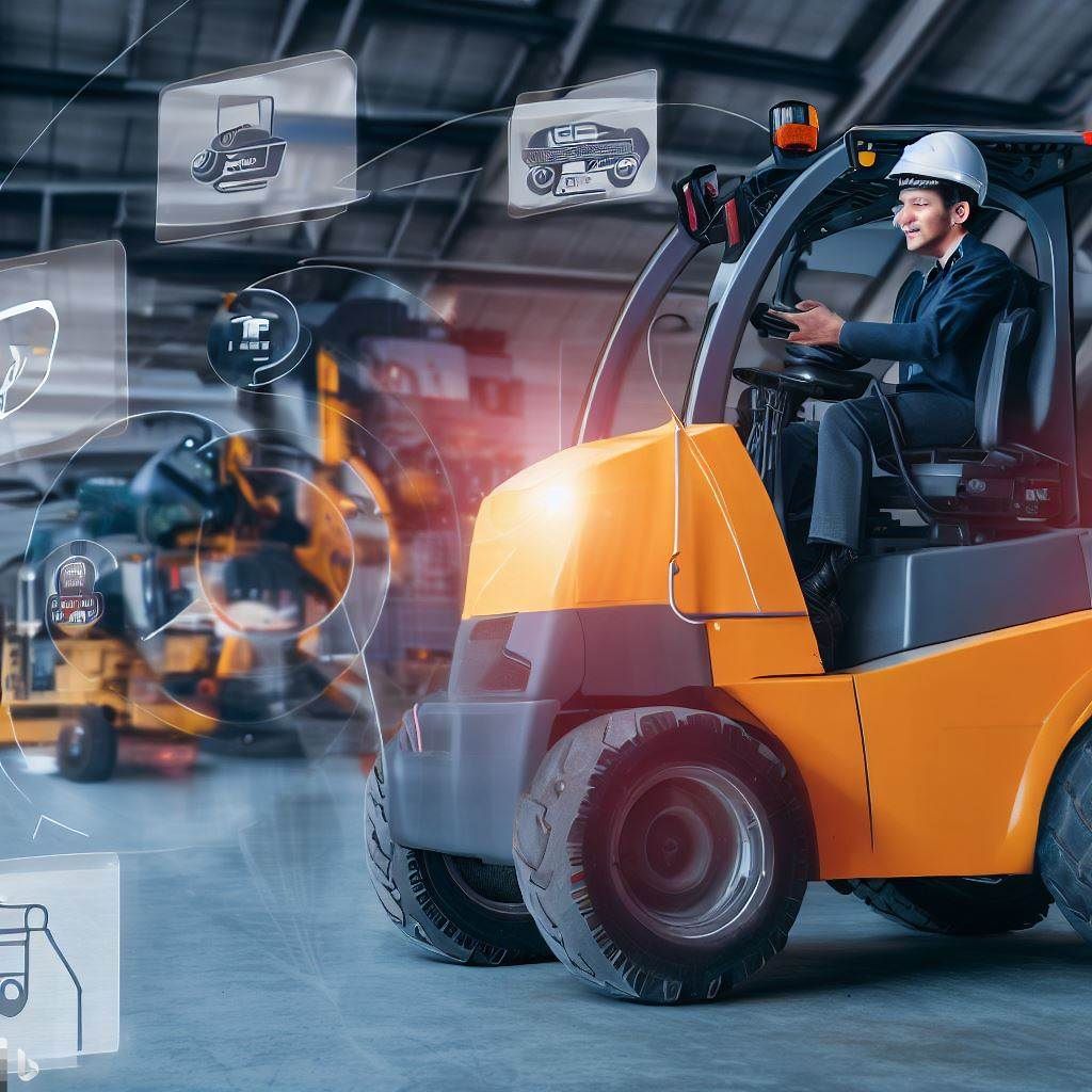 Illustrate the integration of technology in forklift safety by showcasing a forklift equipped with innovative safety features. The image can depict a forklift with collision avoidance systems, proximity sensors, and cameras. Additionally, show operators and pedestrians benefiting from these technologies, highlighting the enhanced safety measures and improved workplace environment. This image aims to emphasize the importance of staying up-to-date with the latest safety technologies to prevent accidents and injuries.
