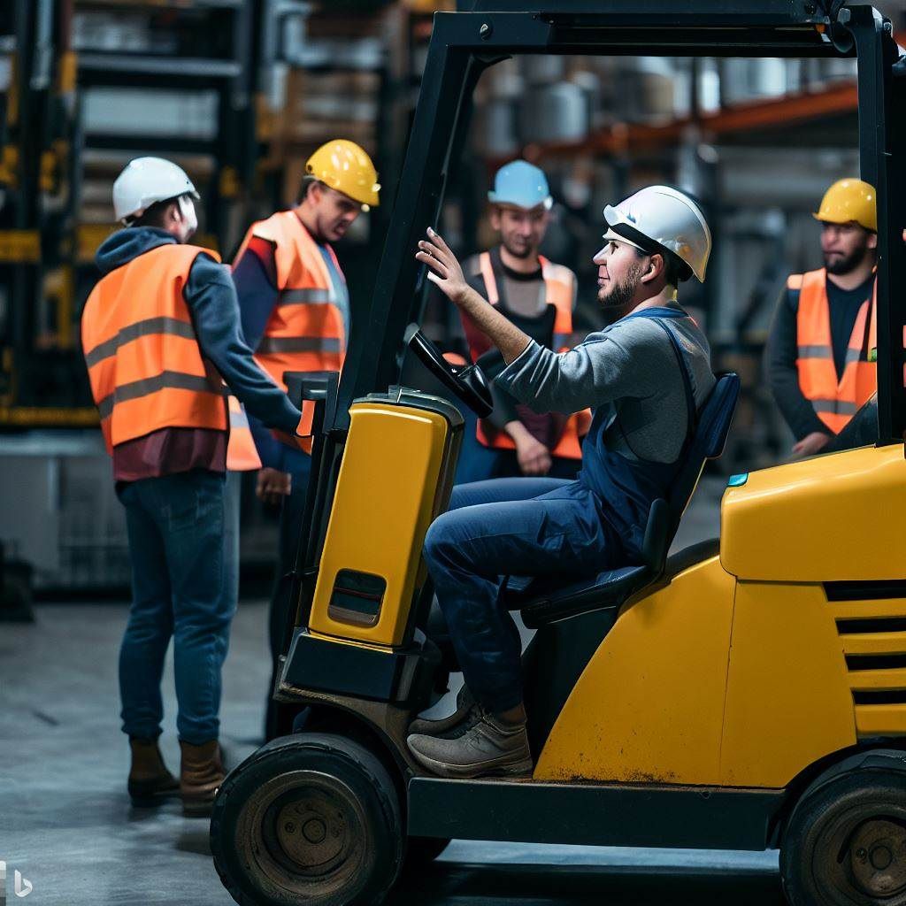 Display a dynamic image showcasing a forklift training session in progress. Show a skilled instructor demonstrating proper techniques to a group of trainees. The image should capture the focus, professionalism, and dedication of both the instructor and trainees, highlighting the importance of training for forklift operators.