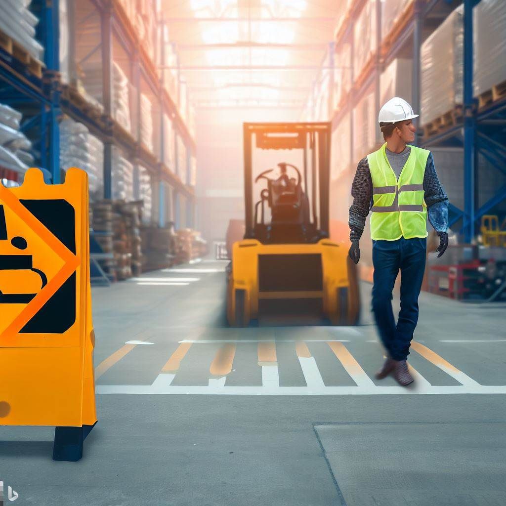 Showcase an image that emphasizes the implementation of visual barriers for forklift pedestrian safety. The image can include well-designed and prominent signs, floor markings, and warning lights that clearly guide both forklift operators and pedestrians, ensuring they follow the designated paths and avoid potential hazards. The image should emphasize the importance of visual barriers in creating a safe and organized work environment.