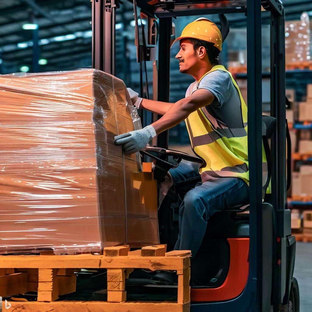 A forklift operator handling a pallet of goods in a warehouse or manufacturing facility. The operator should be wearing safety gear and demonstrating safe operating practices. The background can include shelves filled with products or a busy work environment, highlighting the efficiency and productivity benefits of forklift training.
