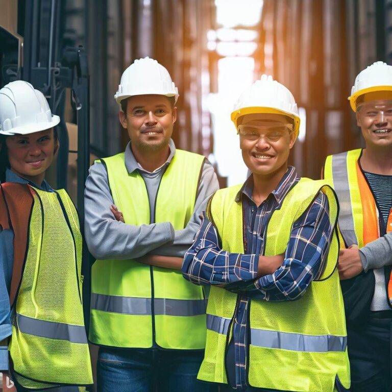 A group of diverse forklift operators wearing high-visibility vests and hard hats, standing together with confidence and unity. They are positioned in front of a warehouse backdrop, symbolizing a safe work environment. The image showcases teamwork and emphasizes the importance of a safety-first culture for forklift operators.