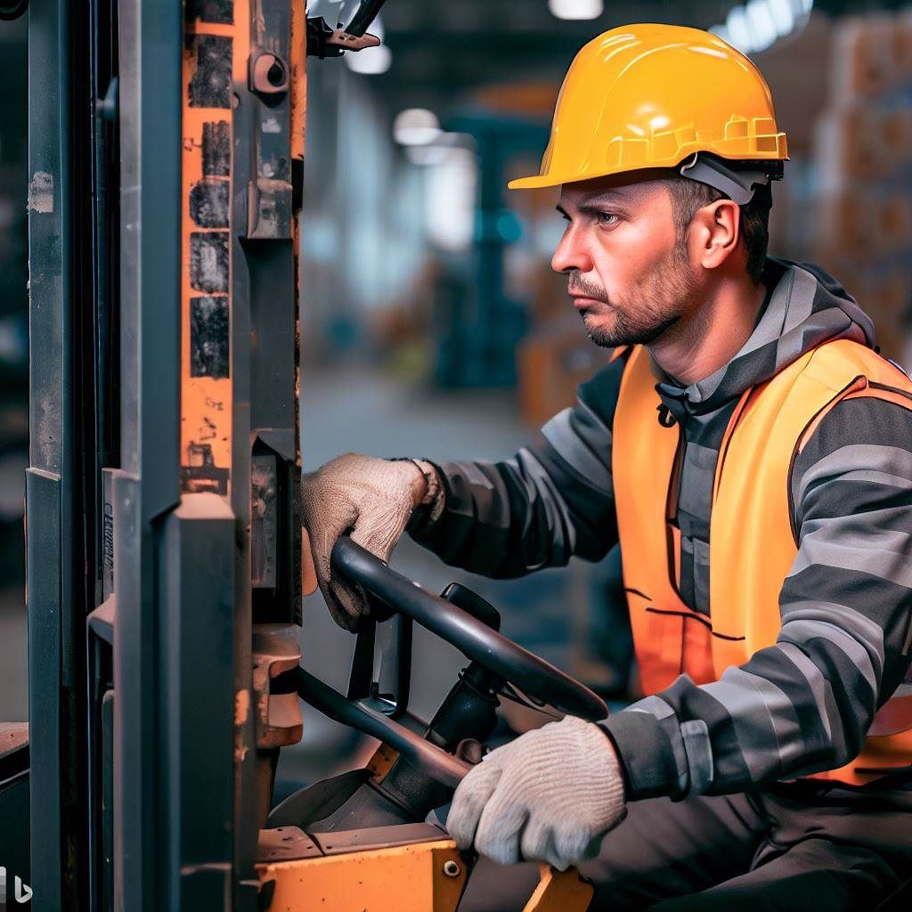 A forklift operator in full safety gear operating a forklift with precision and focus. The operator is shown following proper safety procedures, such as wearing a seatbelt and maintaining a clear view. The background highlights a well-organized and hazard-free warehouse environment, emphasizing the significance of safety training and responsible operation.