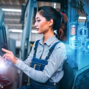 The hero image shows a forklift operator wearing a high-tech augmented reality headset, interacting with an advanced automated forklift system. The image captures the seamless integration of technology and human skills, highlighting the importance of adaptation and embracing the future of forklift jobs.