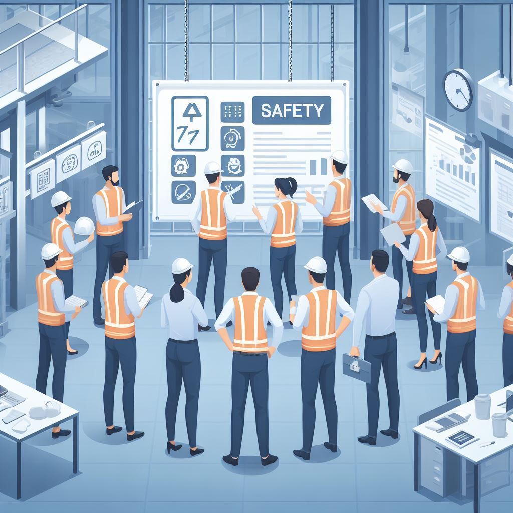 This image would showcase a diverse group of employees in a workplace setting, actively engaged in promoting safety. They might be gathered around a safety notice board, participating in a safety meeting, or demonstrating a safety drill. The background would depict a well-organized workplace with elements that emphasize safety and teamwork, emphasizing the importance of fostering a culture of safety within the organization where employees play an active role in ensuring their well-being and the safety of their colleagues.