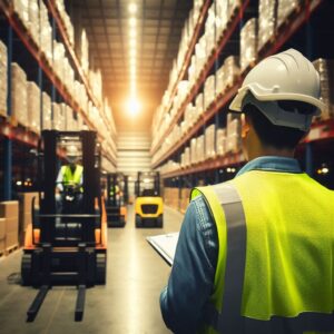 A high-quality photo of a well-lit and organized warehouse or industrial setting with forklift operators in the foreground, wearing safety gear, and following proper safety protocols. The image should depict a calm and focused atmosphere, highlighting a commitment to safety.