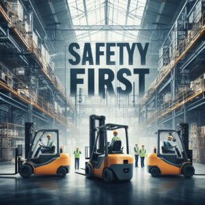 The hero image showcases an industrial warehouse backdrop with professionally maintained forklifts and operators equipped in safety gear. Prominently displayed across the image is a bold "Safety First" message, serving as a powerful reminder of the paramount importance of safety. In the foreground, forklift operators diligently perform pre-operational checks, demonstrating safe operating procedures, while safety signs, helmets, vests, and essential safety equipment accentuate the commitment to workplace safety.