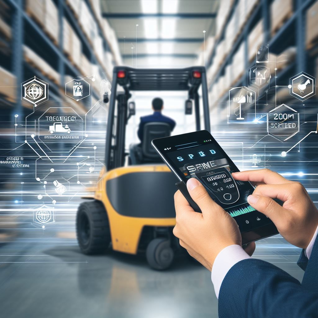 This image should focus on technology and speed management. It can show a forklift operator using a modern speed management system on a tablet or smartphone to monitor and control the forklift's speed. The background could display a high-tech warehouse setting. Text like "Speed Management Systems" should be included to highlight the role of technology in ensuring forklift safety.