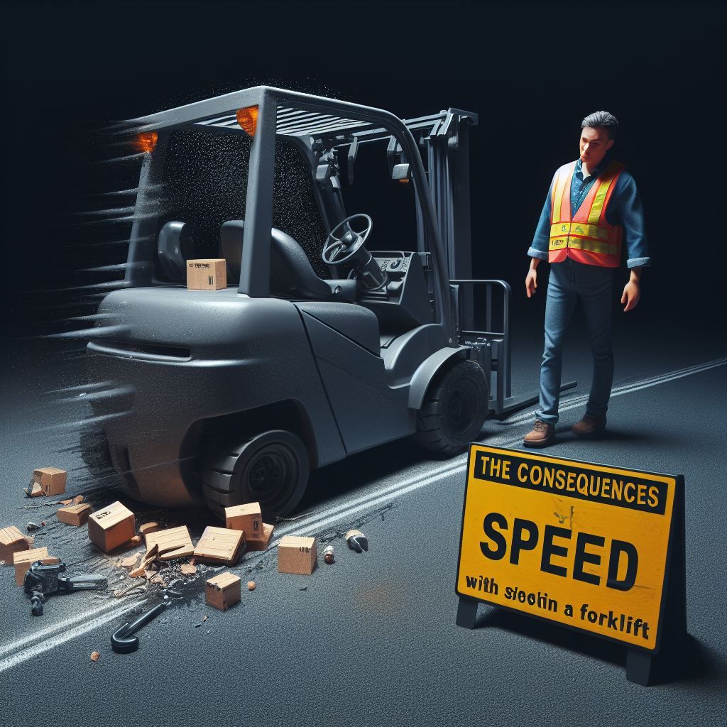 This image should convey the potential risks of speeding with a forklift. It could depict a simulated forklift accident scene, with a tipped-over forklift, spilled cargo, and a concerned operator. The image should be powerful and thought-provoking. Text like "The Consequences of Speed" should be included to drive home the message that speeding with a forklift can lead to serious accidents.