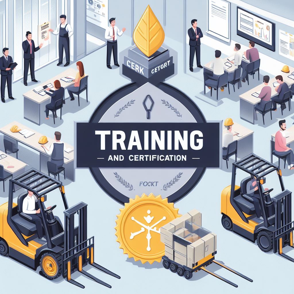 In this hero image, a well-organized classroom environment is featured, where instructors and students engage in forklift training and certification. The banner "Training and Certification" takes center stage, accompanied by a certification symbol. The foreground showcases instructors delivering knowledge, students taking notes, and hands-on training with forklifts, creating a visual narrative of the educational aspect of forklift safety. Certificates and training materials add a touch of credibility to the image.